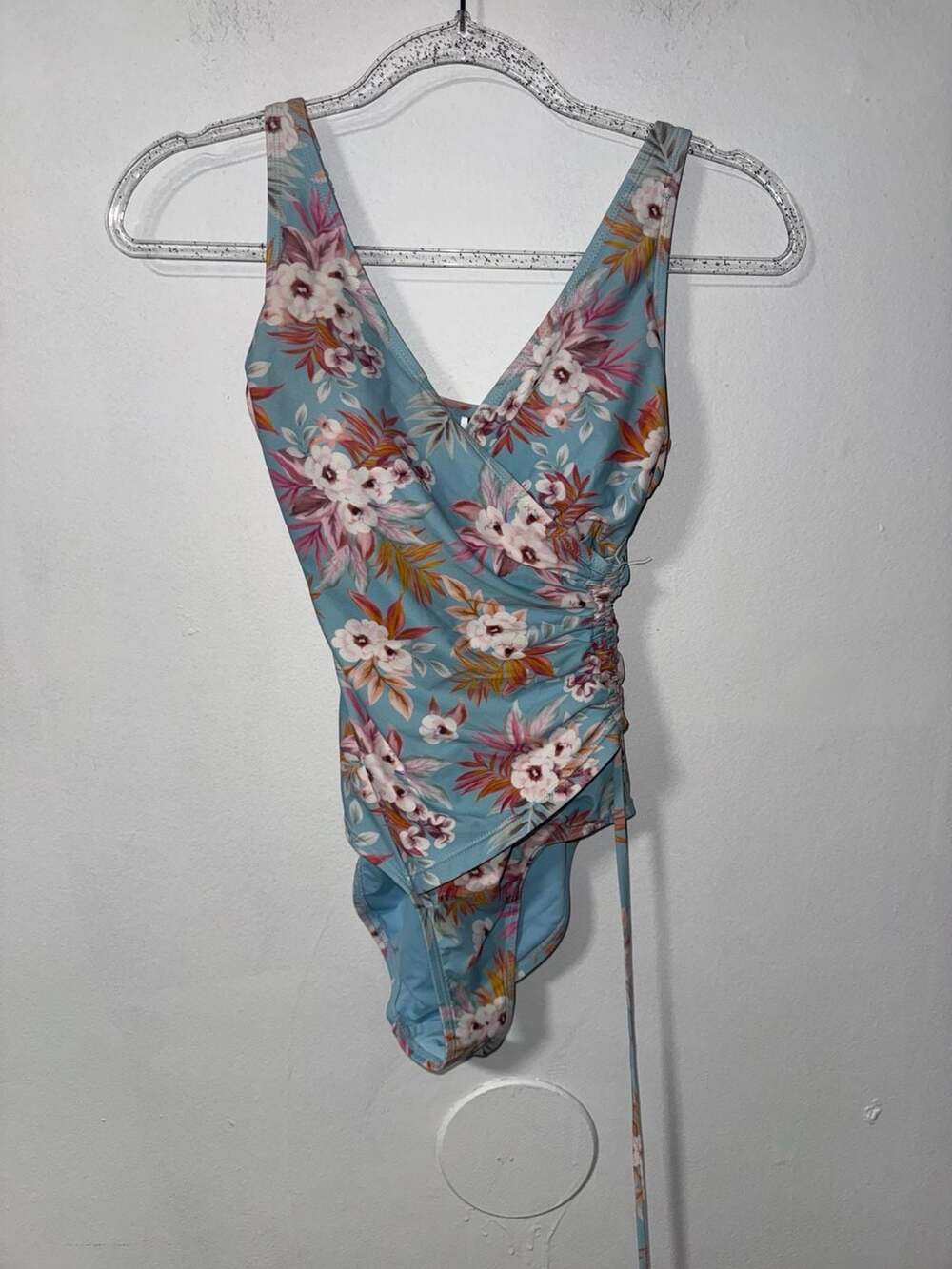 Niptuck Swim Blue Floral Print Wrap Ruched One-Piece Swimsuit Multi Fit Cup Size